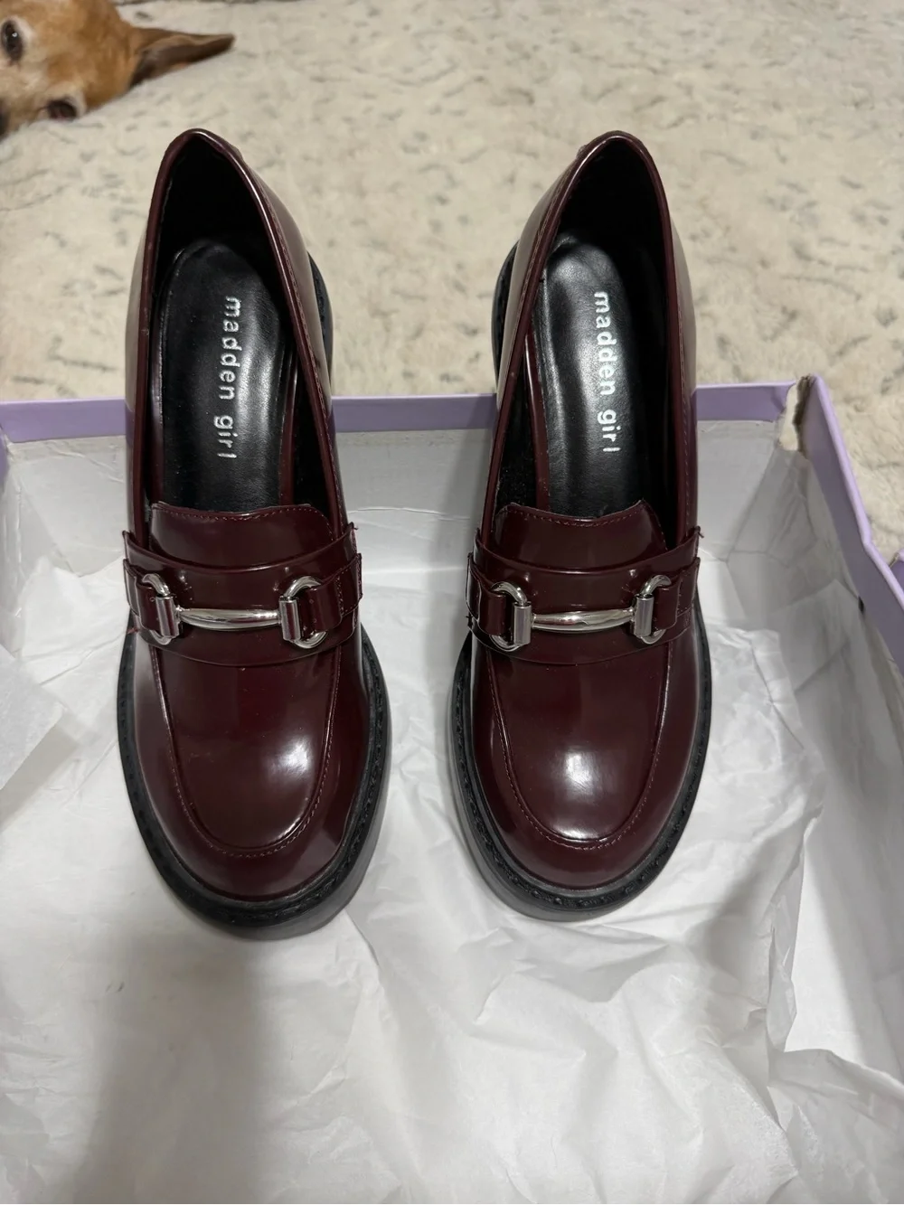 Madden Girl burgandy brown-mahogany platform loafers with heels.